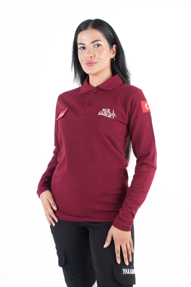 Acil Sağlık Ritimli Bordo Lacost Uzun Kollu T-shirt (Unisex)