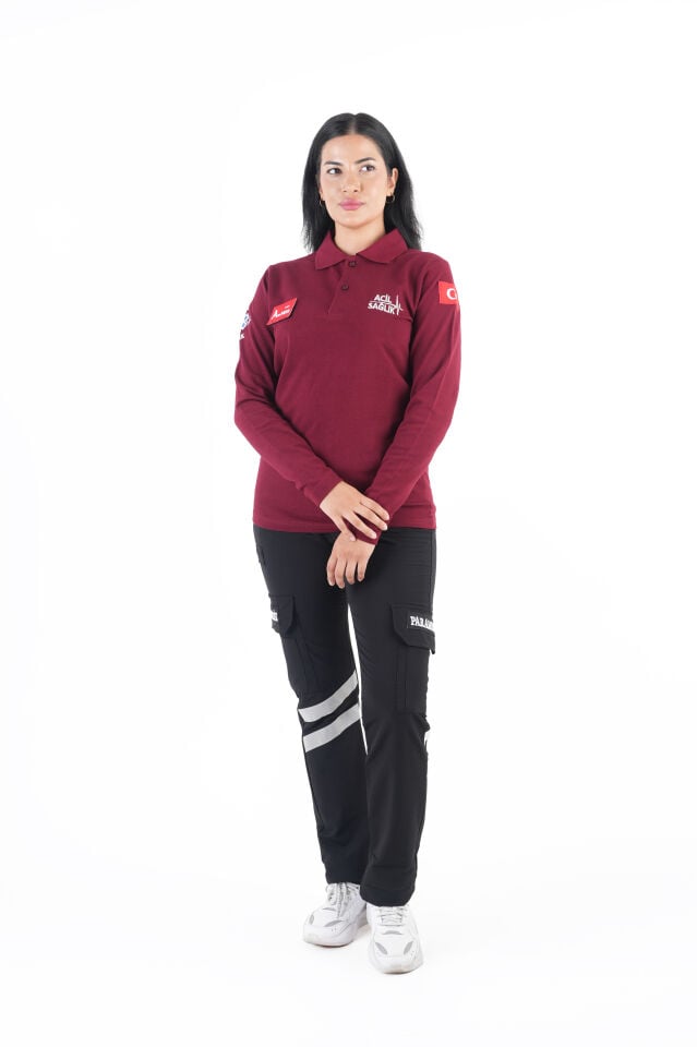 Acil Sağlık Ritimli Bordo Lacost Uzun Kollu T-shirt (Unisex)