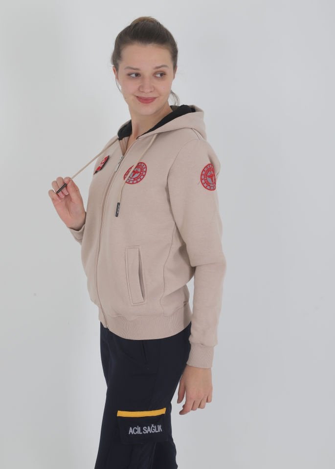 Evde Sağlık Bej Kapşonlu Polar (Unisex)