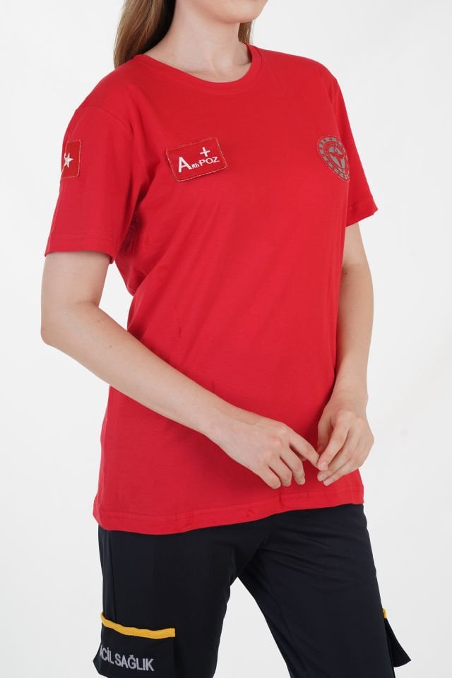 Yeni 112 Acil Sağlık Kırmızı Penye Sıfır Yaka Kırmızı T-shirt (Unisex)