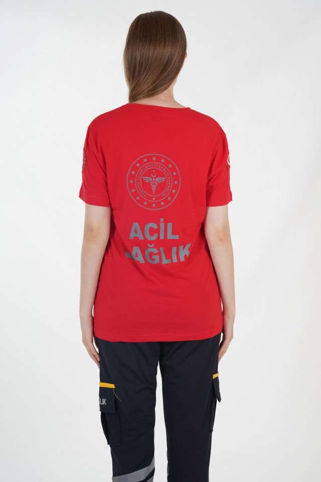 Yeni 112 Acil Sağlık Kırmızı Penye Sıfır Yaka Kırmızı T-shirt (Unisex)