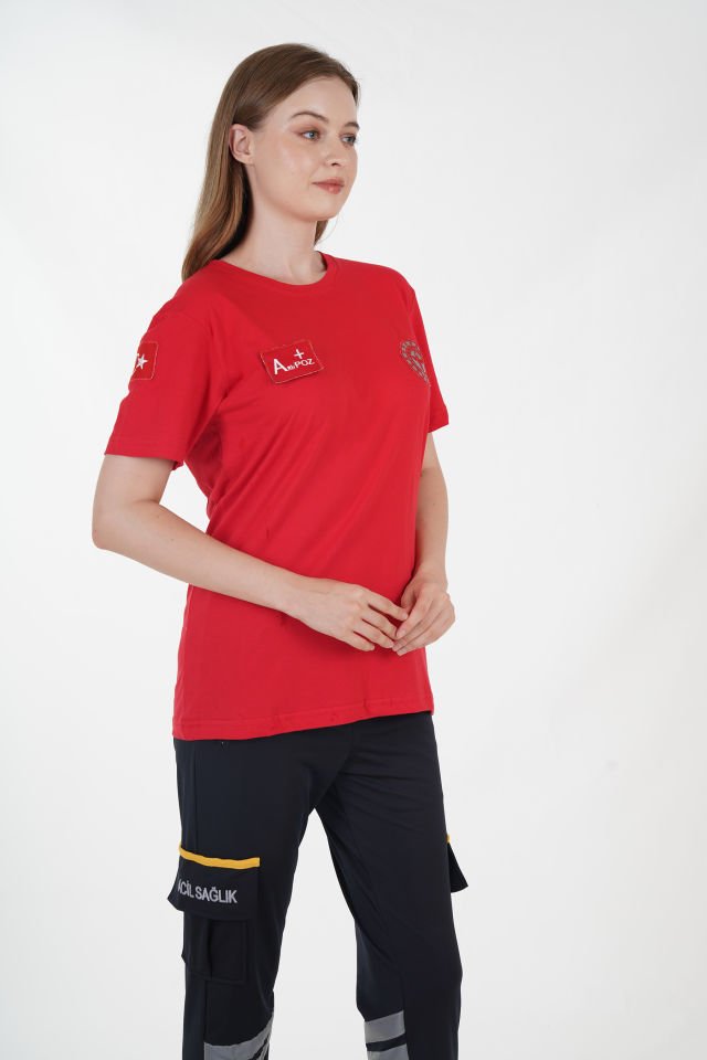 Yeni 112 Acil Sağlık Kırmızı Penye Sıfır Yaka Kırmızı T-shirt (Unisex)