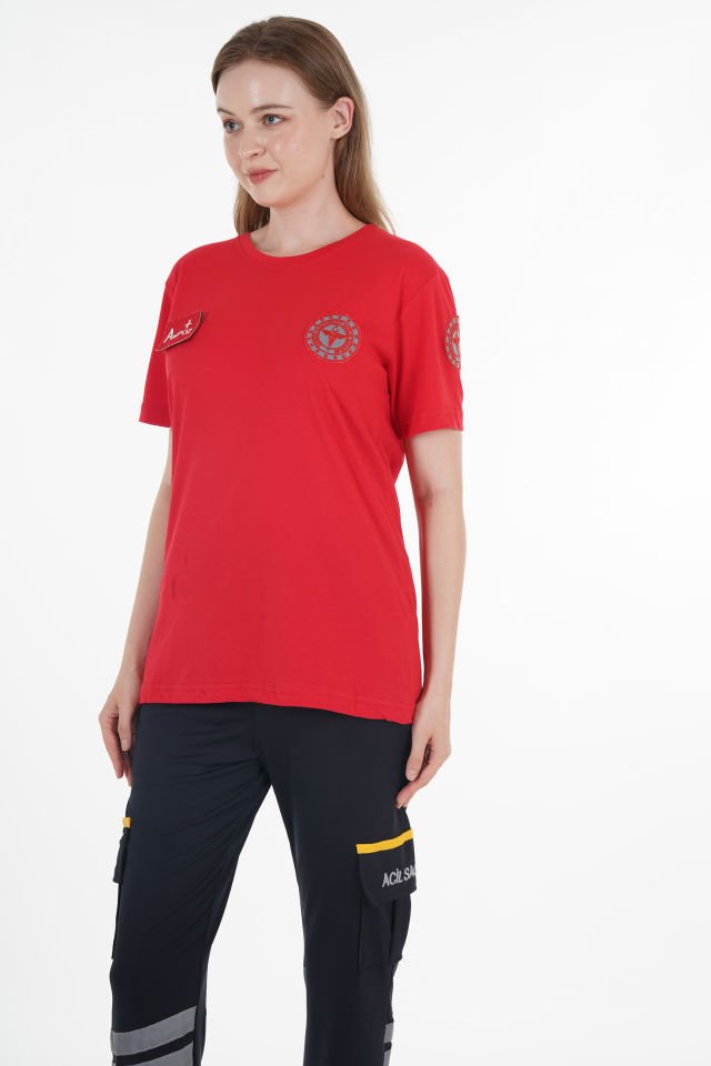 Yeni 112 Acil Sağlık Kırmızı Penye Sıfır Yaka Kırmızı T-shirt (Unisex)