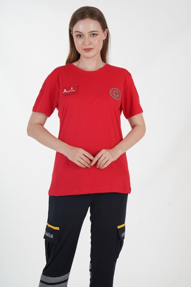 Yeni 112 Acil Sağlık Kırmızı Penye Sıfır Yaka Kırmızı T-shirt (Unisex)