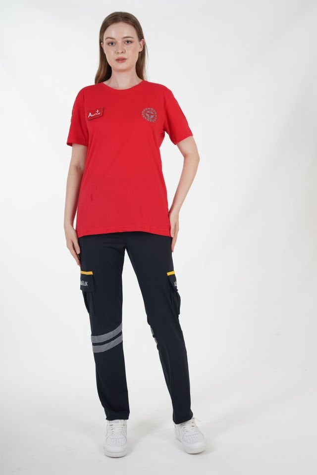 Yeni 112 Acil Sağlık Kırmızı Penye Sıfır Yaka Kırmızı T-shirt (Unisex)