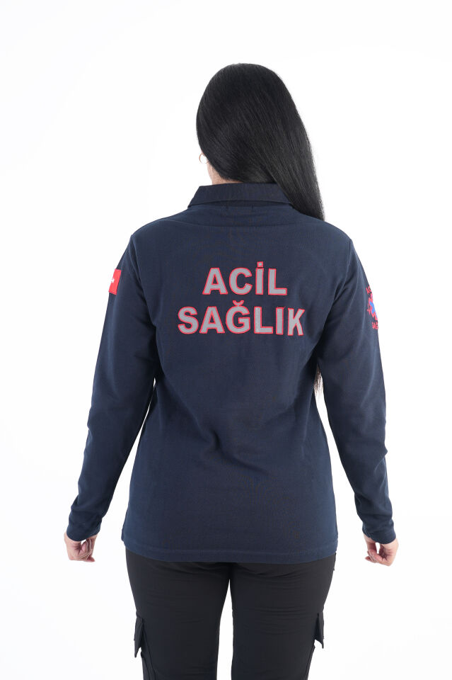 Acil Sağlık Ritimli Lacivert Uzun Kollu Lacost T-shirt (Unisex)