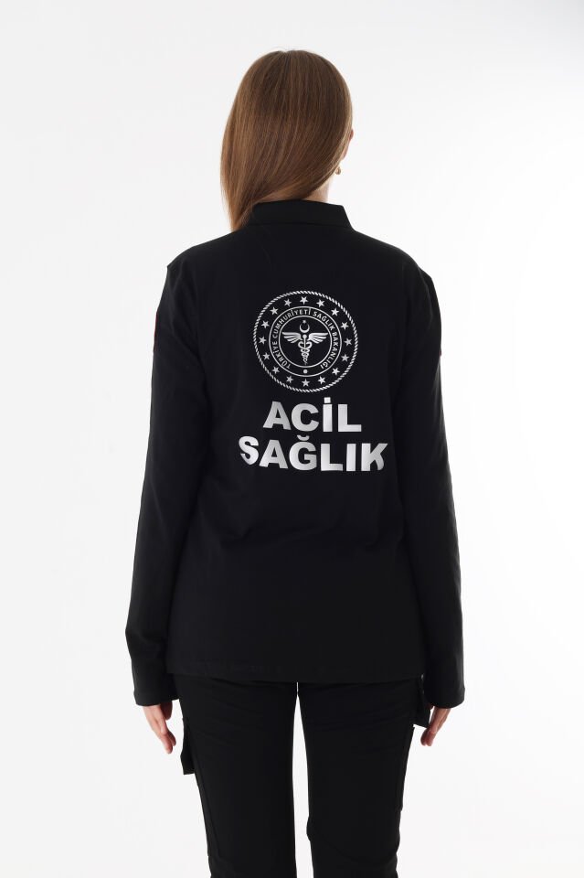 112 Acil Sağlık Siyah Penye Uzun Kollu T-shirt (Unisex-Penye Kumaş)
