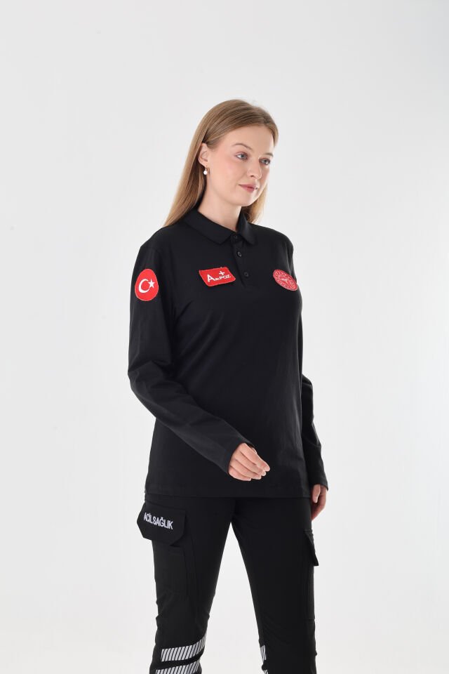 112 Acil Sağlık Siyah Penye Uzun Kollu T-shirt (Unisex-Penye Kumaş)