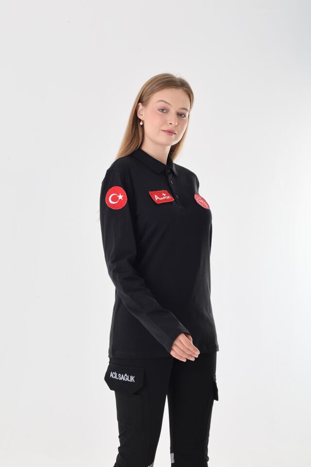 112 Acil Sağlık Siyah Penye Uzun Kollu T-shirt (Unisex-Penye Kumaş)
