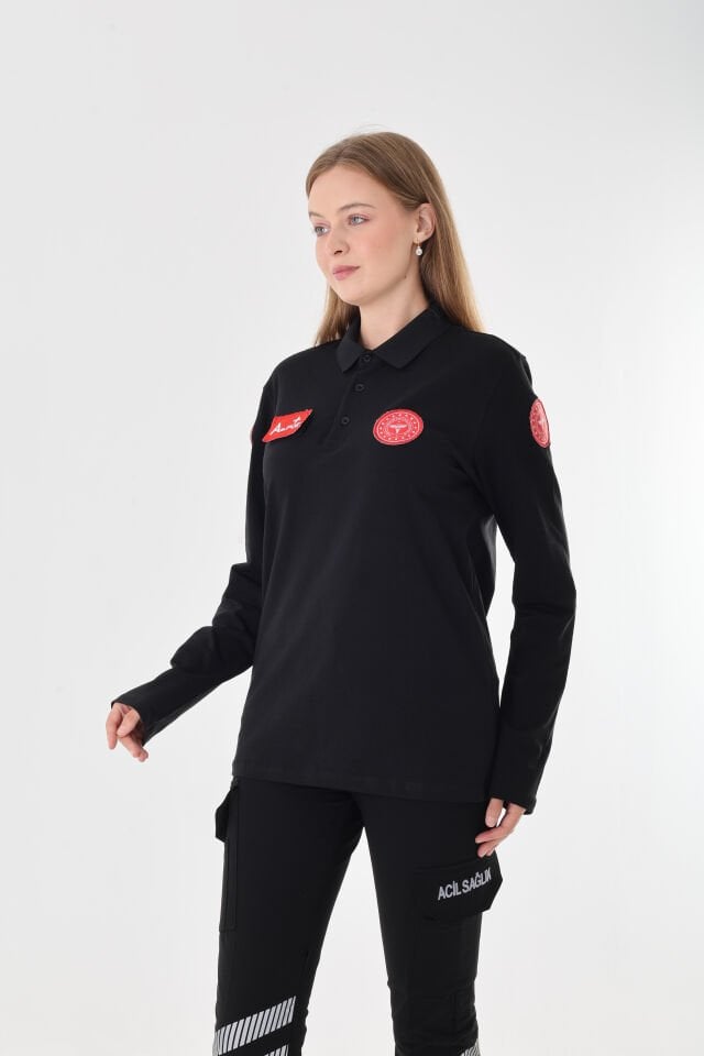 112 Acil Sağlık Siyah Penye Uzun Kollu T-shirt (Unisex-Penye Kumaş)