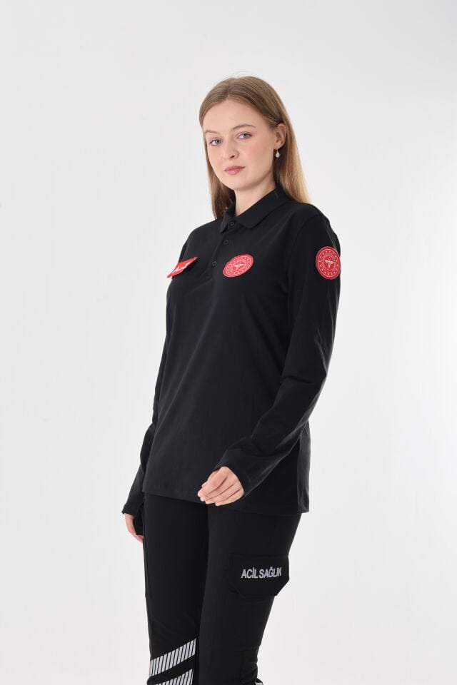 112 Acil Sağlık Siyah Penye Uzun Kollu T-shirt (Unisex-Penye Kumaş)