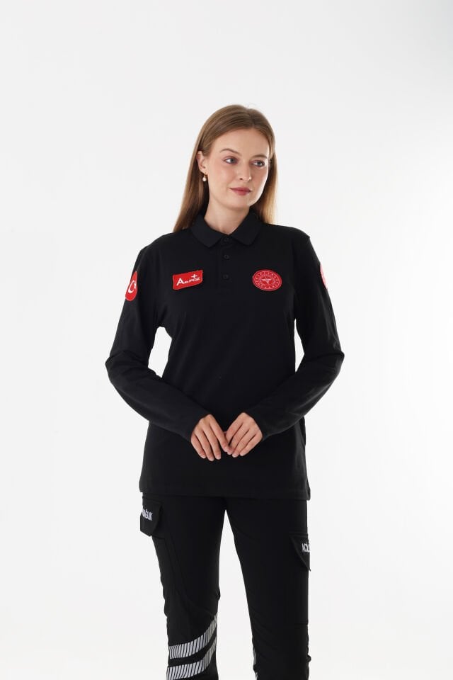 112 Acil Sağlık Siyah Penye Uzun Kollu T-shirt (Unisex-Penye Kumaş)