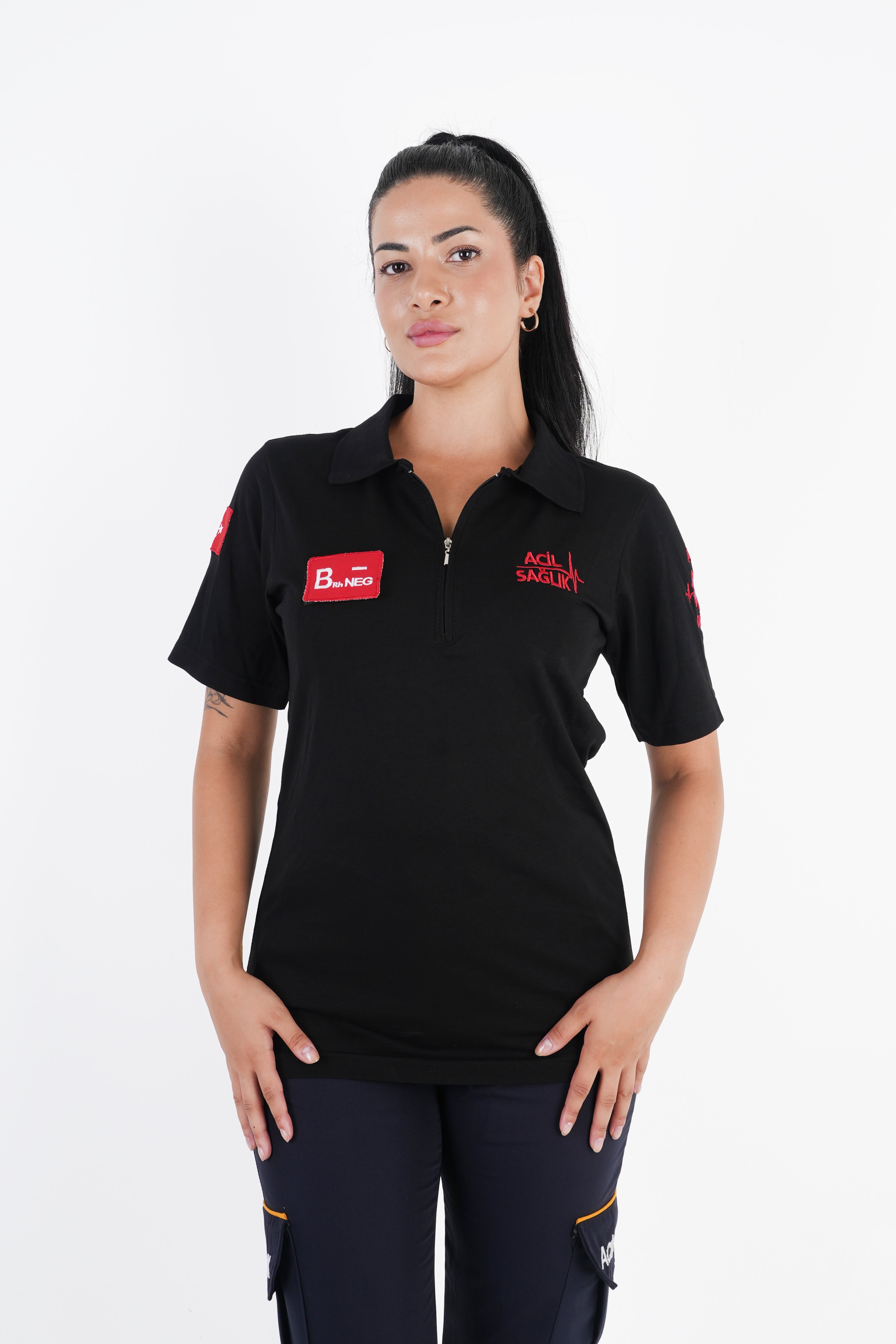 Ritimli Acil Sağlık Fermuarlı Siyah Penye Kısa Kol (Unisex)