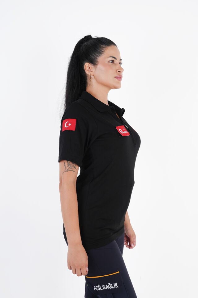 Ritimli Acil Sağlık Fermuarlı Siyah Penye Kısa Kol (Unisex)