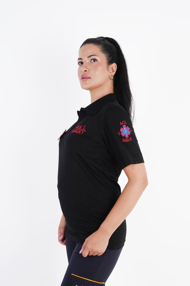 Ritimli Acil Sağlık Fermuarlı Siyah Penye Kısa Kol (Unisex)