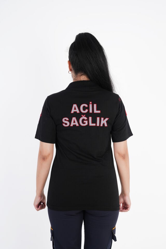 Ritimli Acil Sağlık Fermuarlı Siyah Penye Kısa Kol (Unisex)
