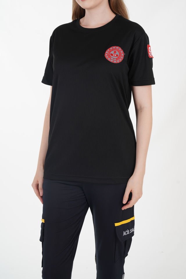 112 Acil Çağrı Merkezi Siyah Sıfır Yaka Comfort T-shirt (Unisex-Fileli)