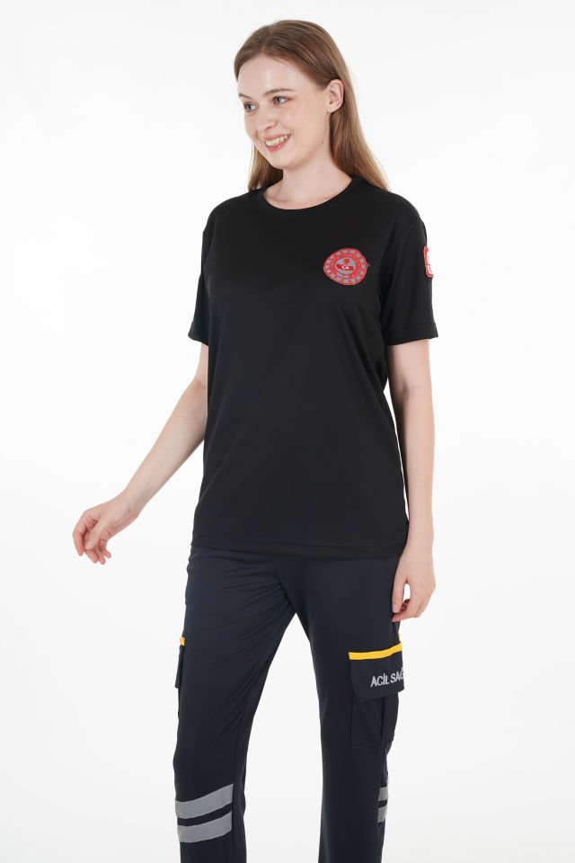 112 Acil Çağrı Merkezi Siyah Sıfır Yaka Comfort T-shirt (Unisex-Fileli)