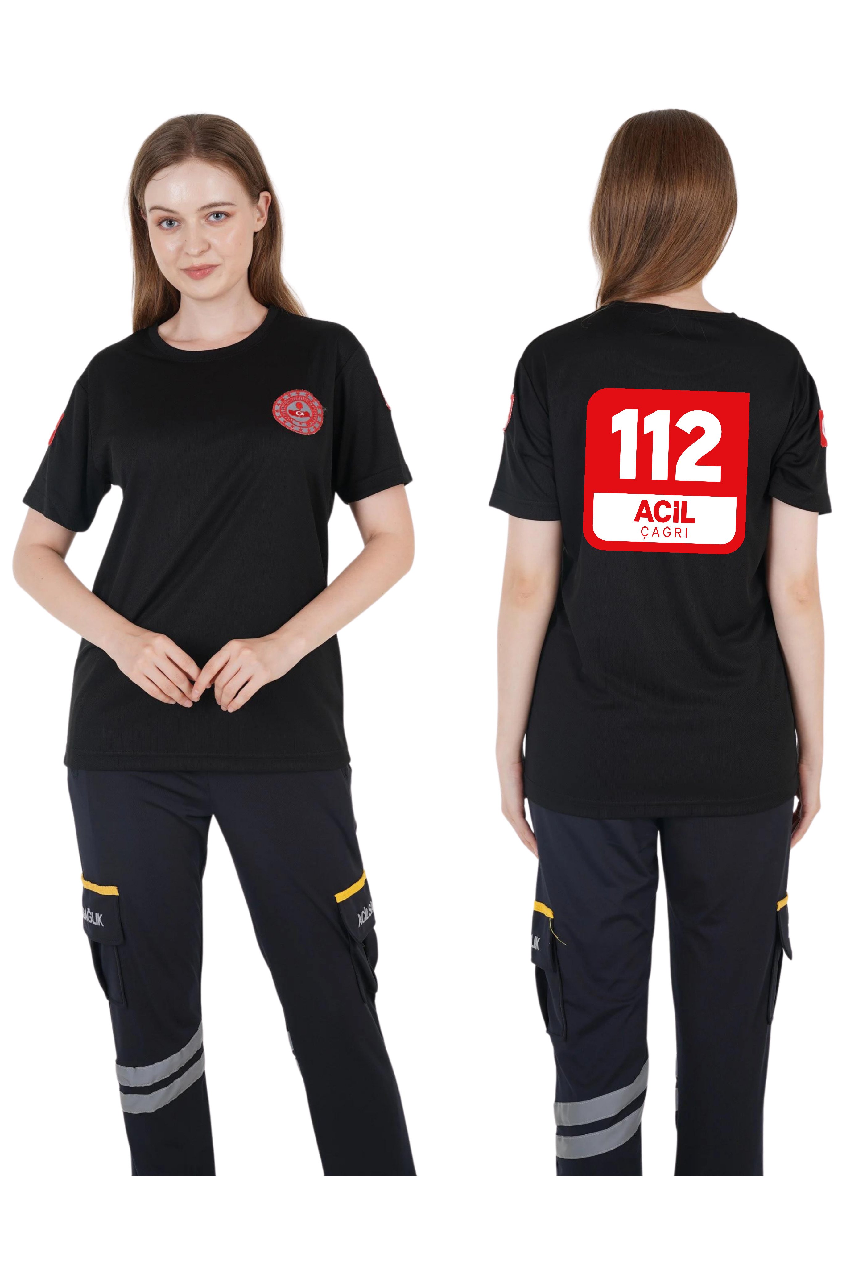 112 Acil Çağrı Merkezi Siyah Sıfır Yaka Comfort T-shirt (Unisex-Fileli)