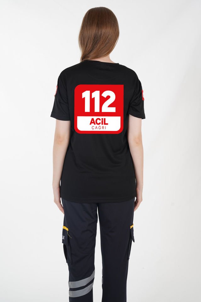 112 Acil Çağrı Merkezi Siyah Sıfır Yaka Comfort T-shirt (Unisex-Fileli)