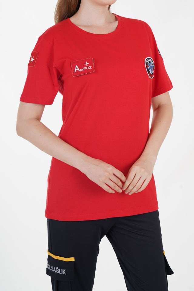 Yeni Sıfır Yaka Kırmızı Penye Paramedik T-shirt (Unisex)