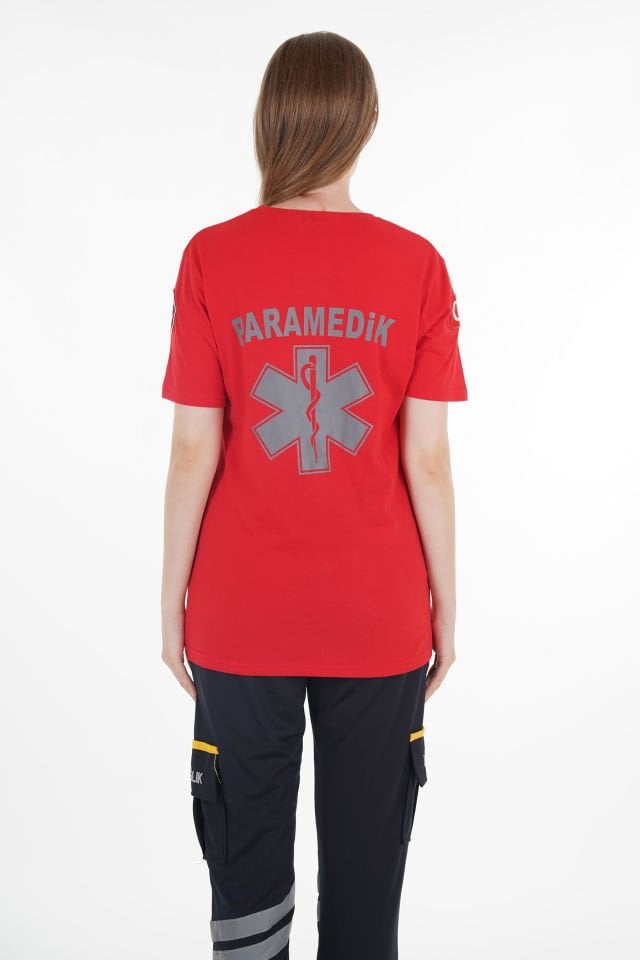 Yeni Sıfır Yaka Kırmızı Penye Paramedik T-shirt (Unisex)