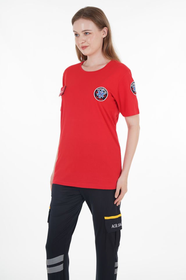 Yeni Sıfır Yaka Kırmızı Penye Paramedik T-shirt (Unisex)