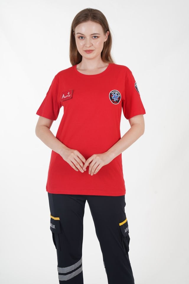 Yeni Sıfır Yaka Kırmızı Penye Paramedik T-shirt (Unisex)