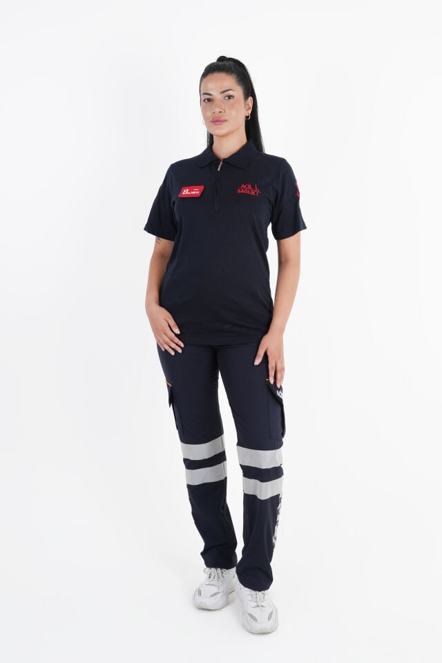 Ritimli Acil Sağlık Lacivert Fermuarlı Penye T-shirt (Unisex)