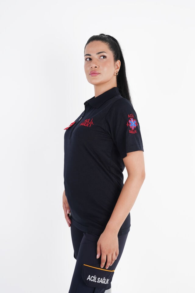 Ritimli Acil Sağlık Lacivert Fermuarlı Penye T-shirt (Unisex)