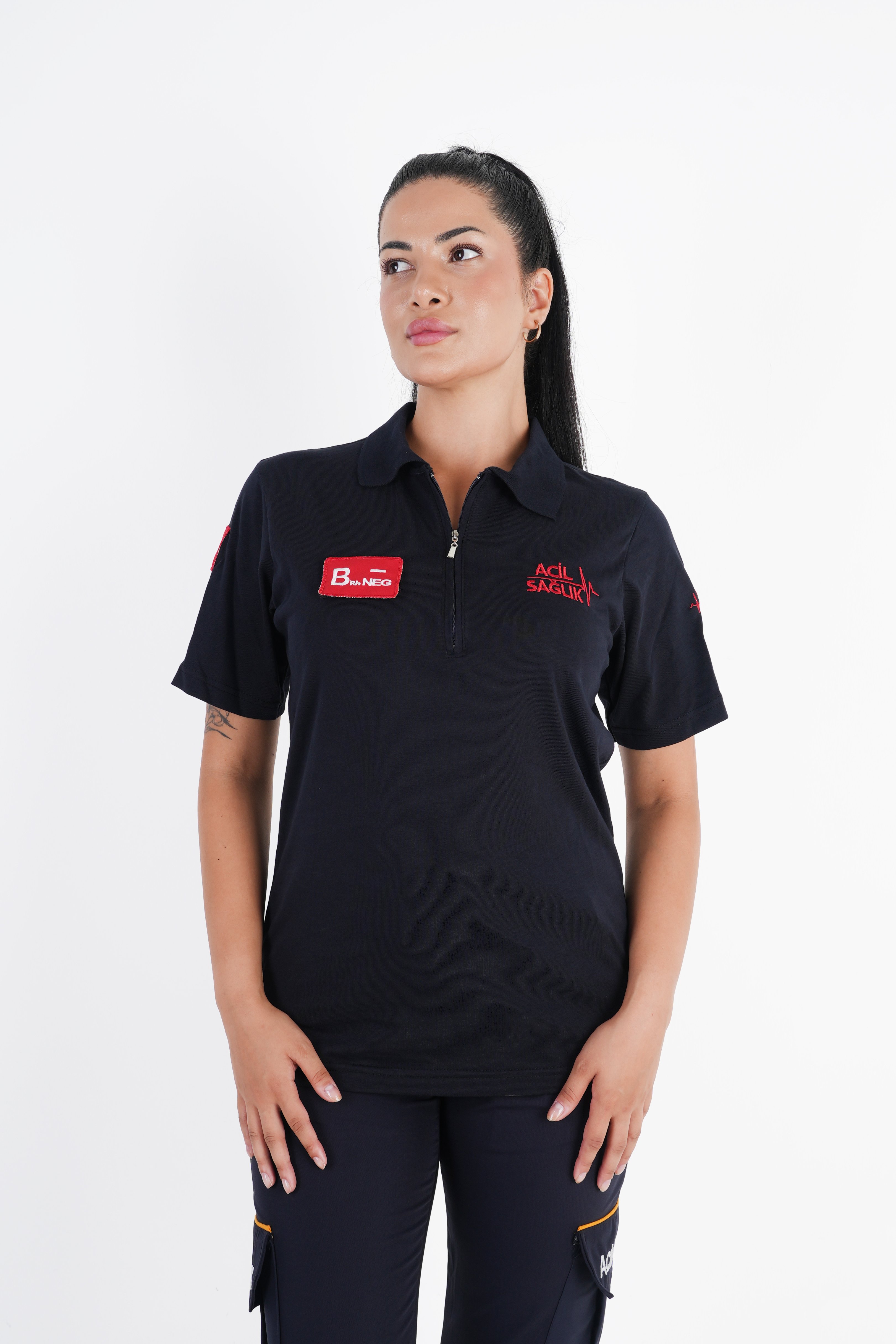 Ritimli Acil Sağlık Lacivert Fermuarlı Penye T-shirt (Unisex)