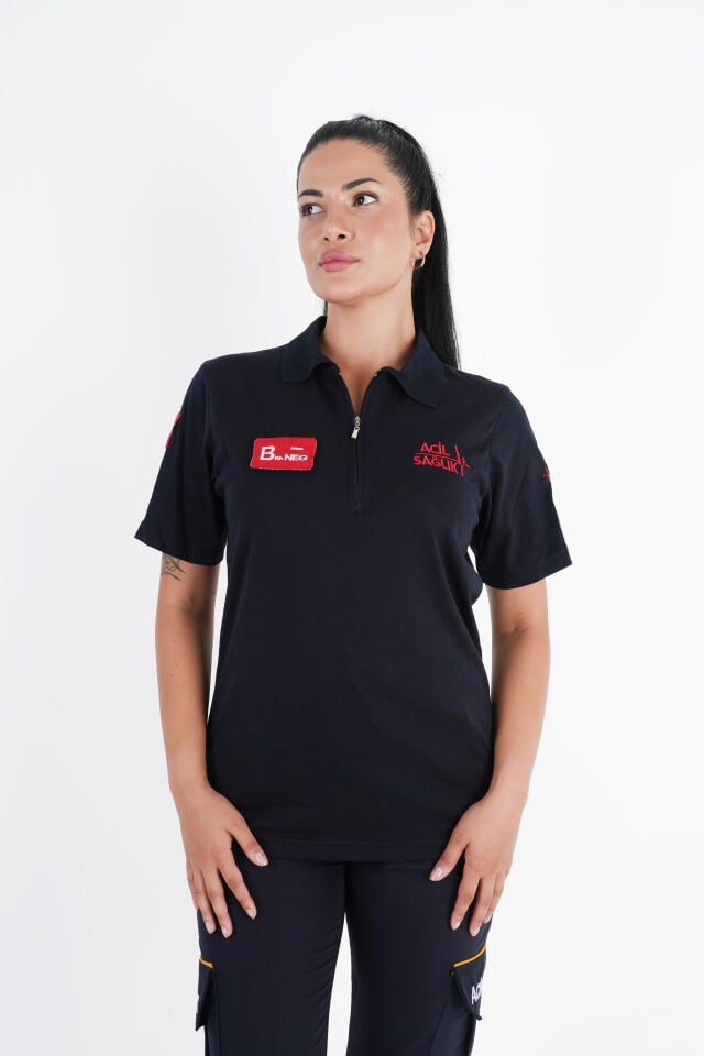 Ritimli Acil Sağlık Lacivert Fermuarlı Penye T-shirt (Unisex)