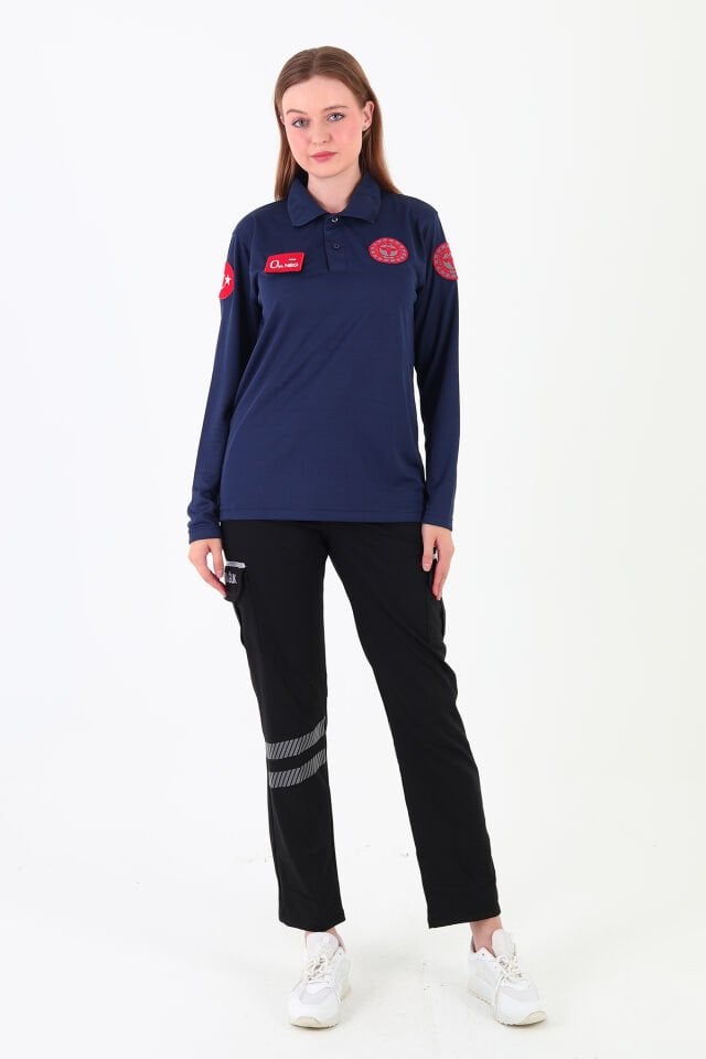 Yeni 112 Acil Sağlık Lacivert Uzun Kollu Polo Yaka Comfort T-shirt (Unisex-Fileli)