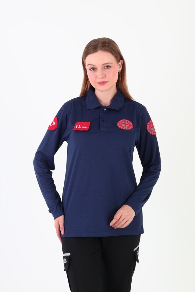 Yeni 112 Acil Sağlık Lacivert Uzun Kollu Polo Yaka Comfort T-shirt (Unisex-Fileli)