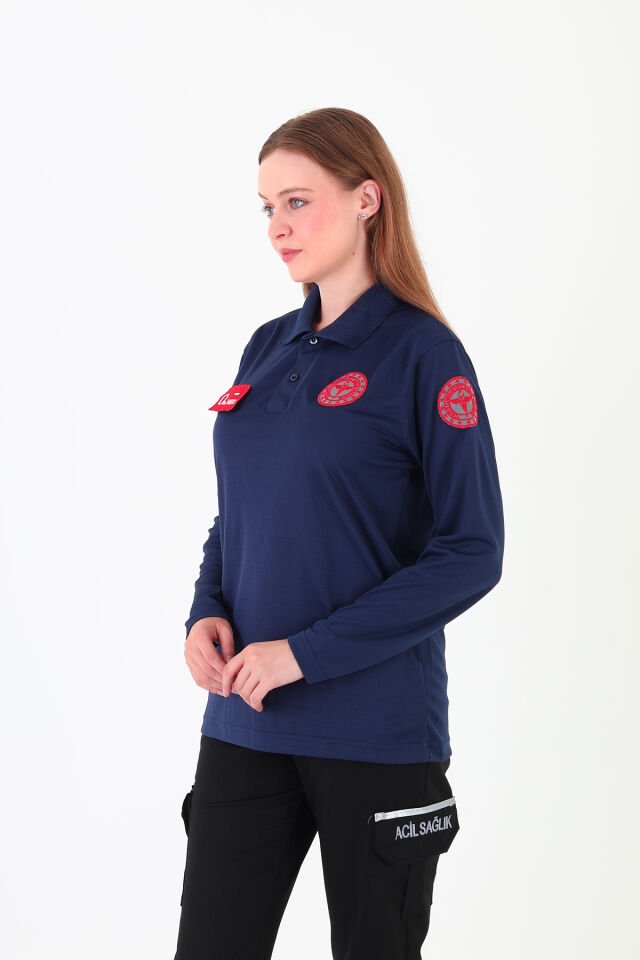 Yeni 112 Acil Sağlık Lacivert Uzun Kollu Polo Yaka Comfort T-shirt (Unisex-Fileli)
