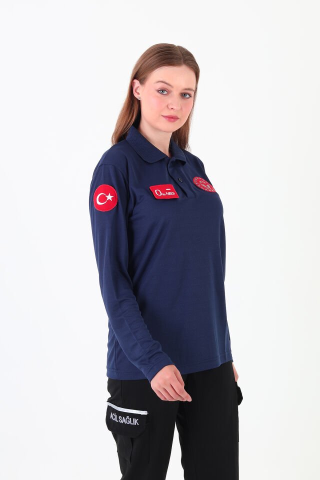 Yeni 112 Acil Sağlık Lacivert Uzun Kollu Polo Yaka Comfort T-shirt (Unisex-Fileli)
