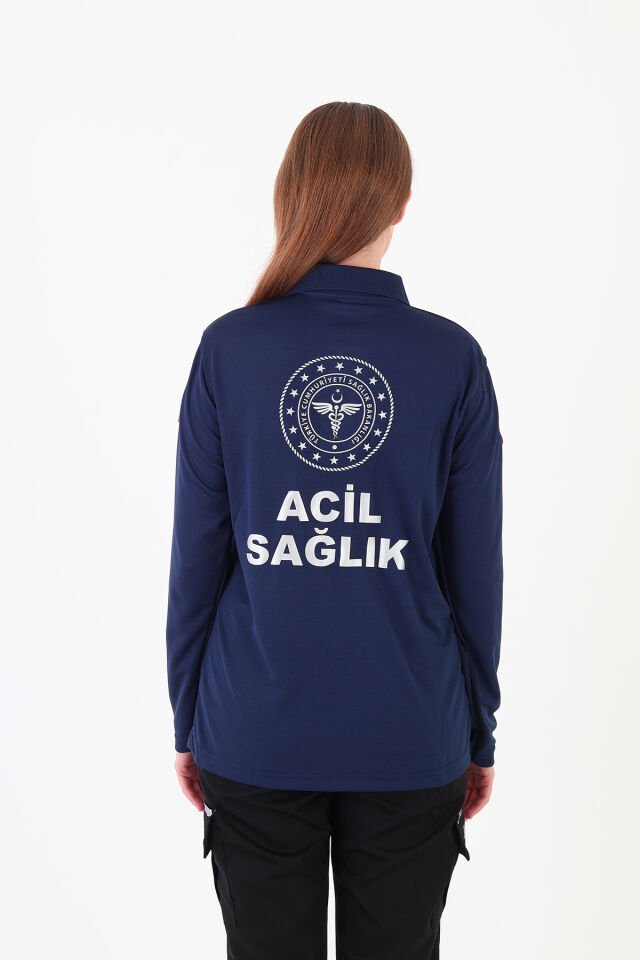 Yeni 112 Acil Sağlık Lacivert Uzun Kollu Polo Yaka Comfort T-shirt (Unisex-Fileli)