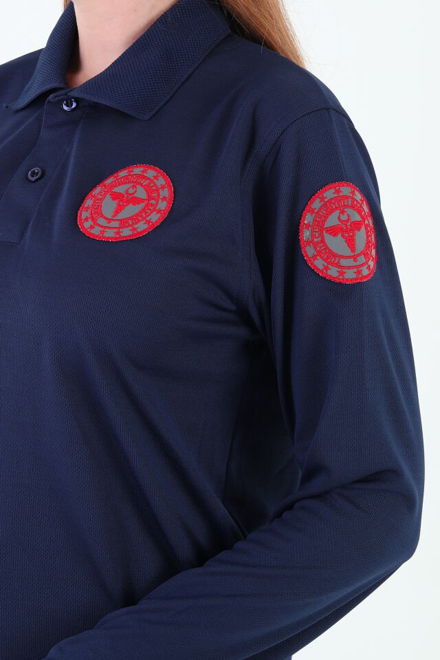 Yeni 112 Acil Sağlık Lacivert Uzun Kollu Polo Yaka Comfort T-shirt (Unisex-Fileli)