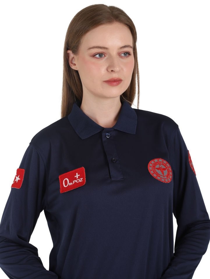 Yeni 112 Acil Sağlık Lacivert Uzun Kollu Polo Yaka Comfort T-shirt (Unisex-Fileli)