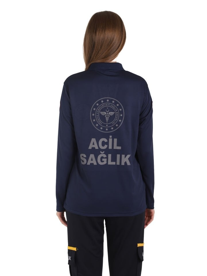 Yeni 112 Acil Sağlık Lacivert Uzun Kollu Polo Yaka Comfort T-shirt (Unisex-Fileli)