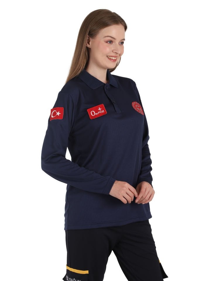 Yeni 112 Acil Sağlık Lacivert Uzun Kollu Polo Yaka Comfort T-shirt (Unisex-Fileli)