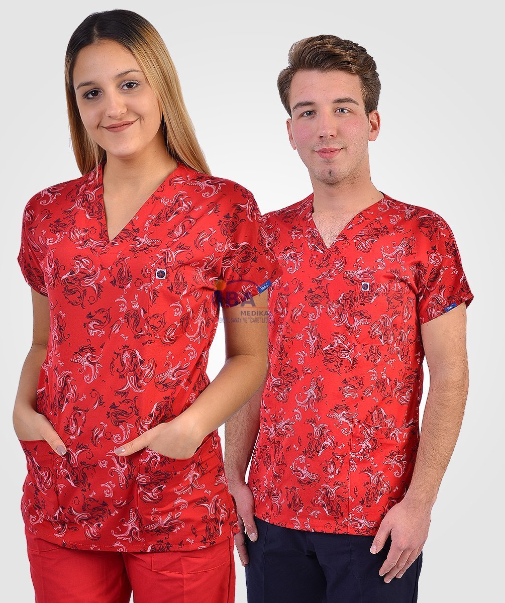 Likralı Hemşire Forması (Kırmızı Desen)