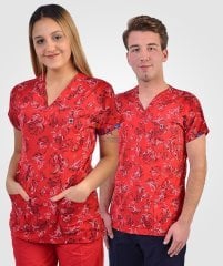 Likralı Hemşire Forması (Kırmızı Desen)