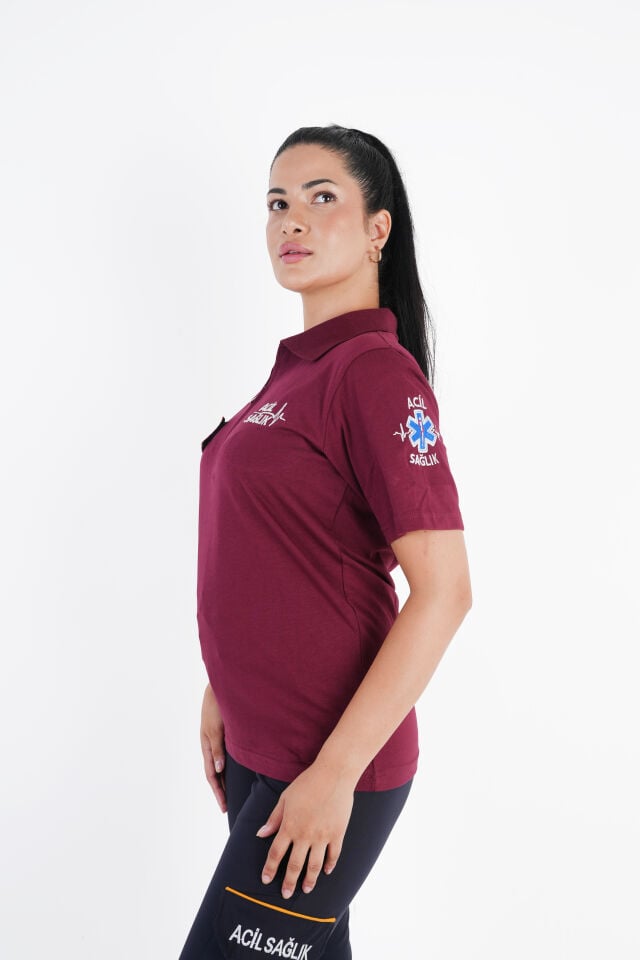 Ritimli Acil Sağlık Bordo Fermuarlı Penye T-shirt (Unisex)