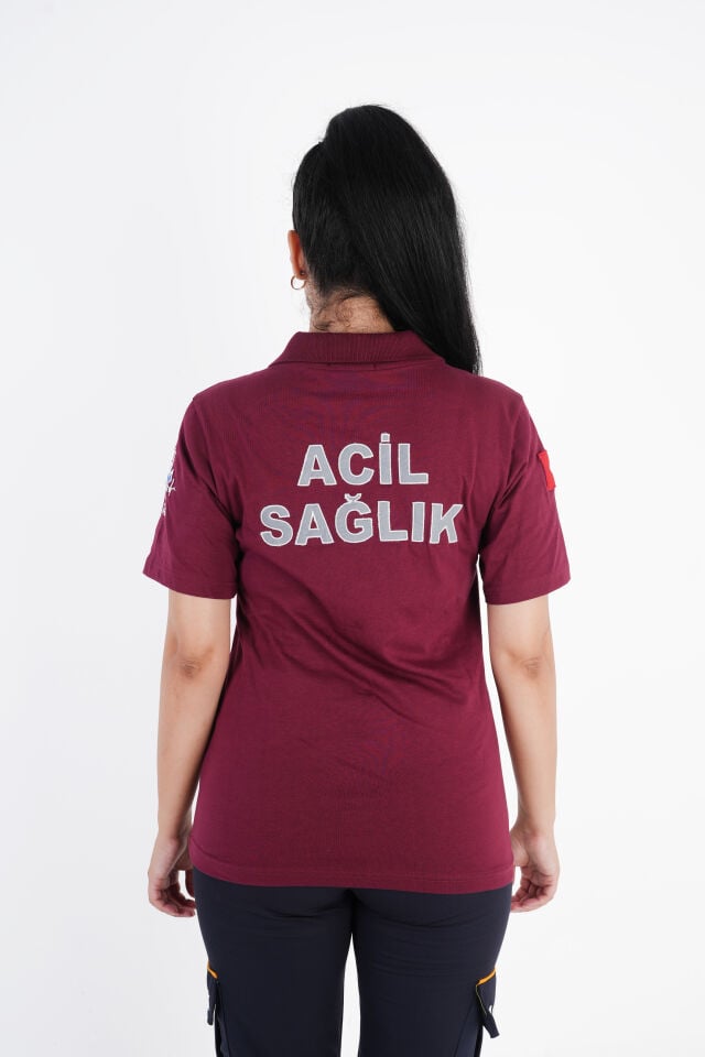 Ritimli Acil Sağlık Bordo Fermuarlı Penye T-shirt (Unisex)