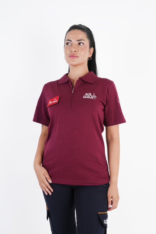 Ritimli Acil Sağlık Bordo Fermuarlı Penye T-shirt (Unisex)
