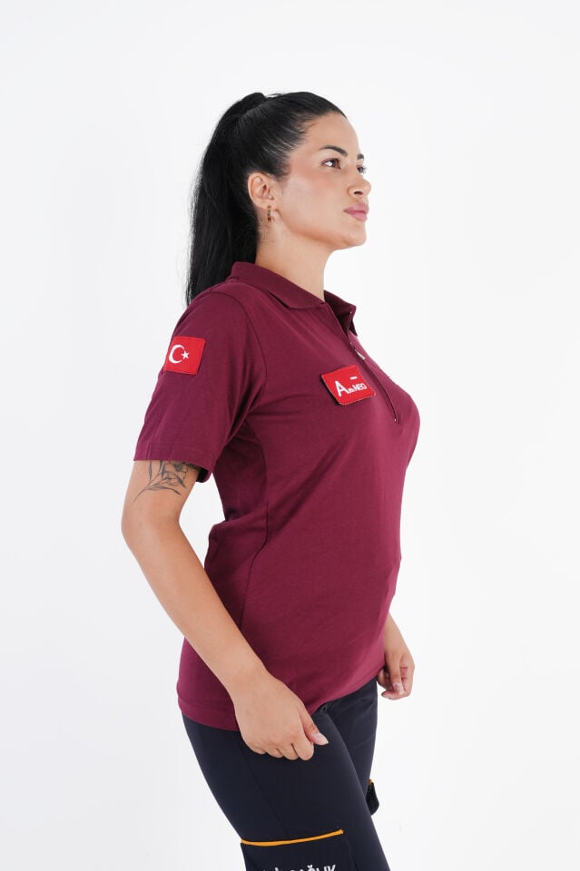 Ritimli Acil Sağlık Bordo Fermuarlı Penye T-shirt (Unisex)