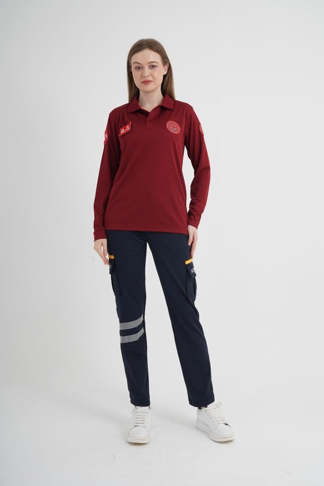 Yeni 112 Acil Sağlık Bordo Uzun Kollu Polo Yaka Comfort T-shirt (Unisex-Fileli)