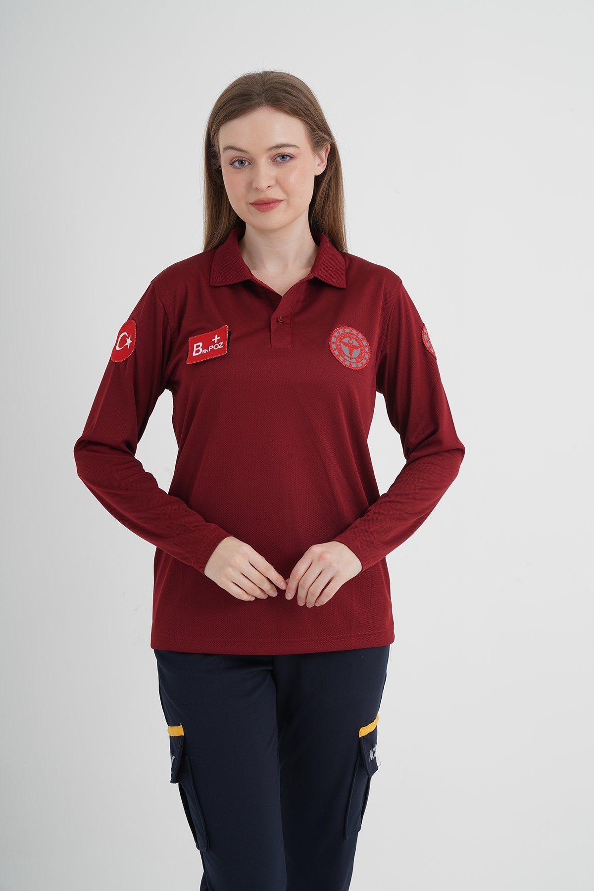Yeni 112 Acil Sağlık Bordo Uzun Kollu Polo Yaka Comfort T-shirt (Unisex-Fileli)