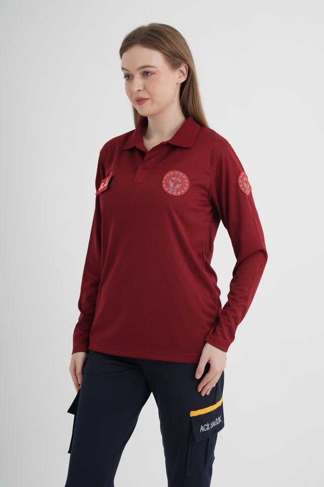 Yeni 112 Acil Sağlık Bordo Uzun Kollu Polo Yaka Comfort T-shirt (Unisex-Fileli)